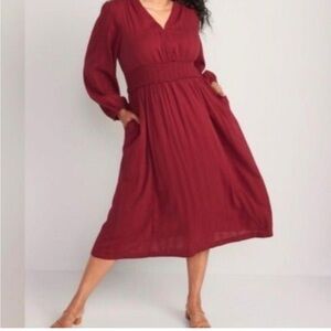 Old Navy Red Smocked Long Sleeve Peasant Dress NWT